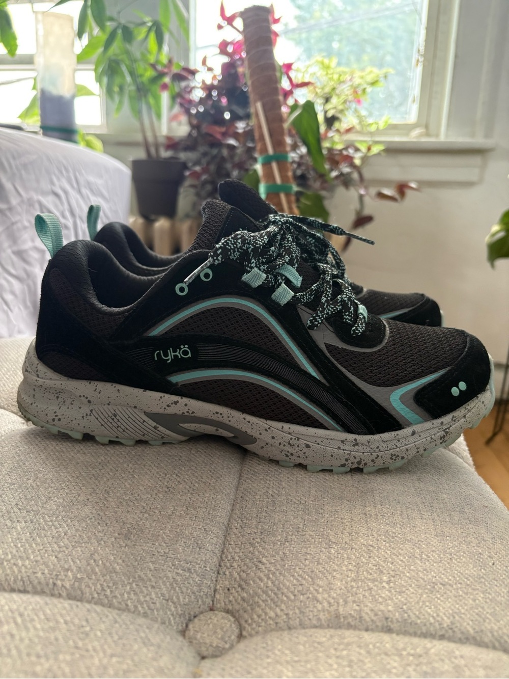 Ryka Black Walking Sneakers with Mint Accents